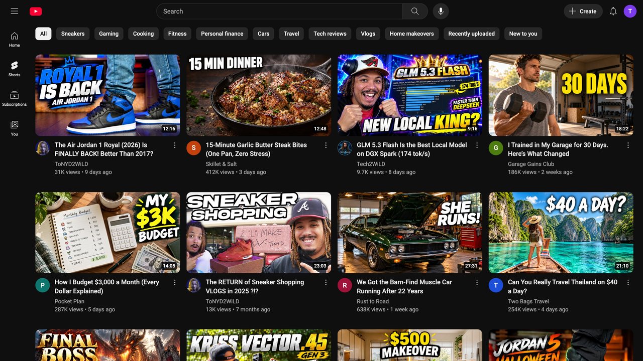 A video home feed with thumbnails from many different niches